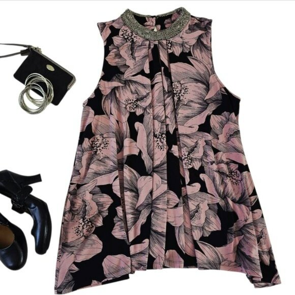 Alfani Women's Floral Sleeveless Top Blouse Beaded Neck Black Purple Size Large - Picture 13 of 13